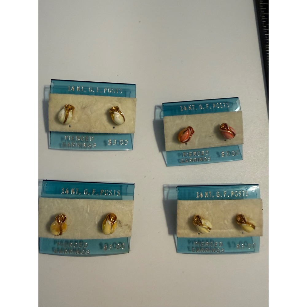 Vintage 14K Gold Filled Pierced Earrings Lot 4 Rosebud Enamel White Pink Yel